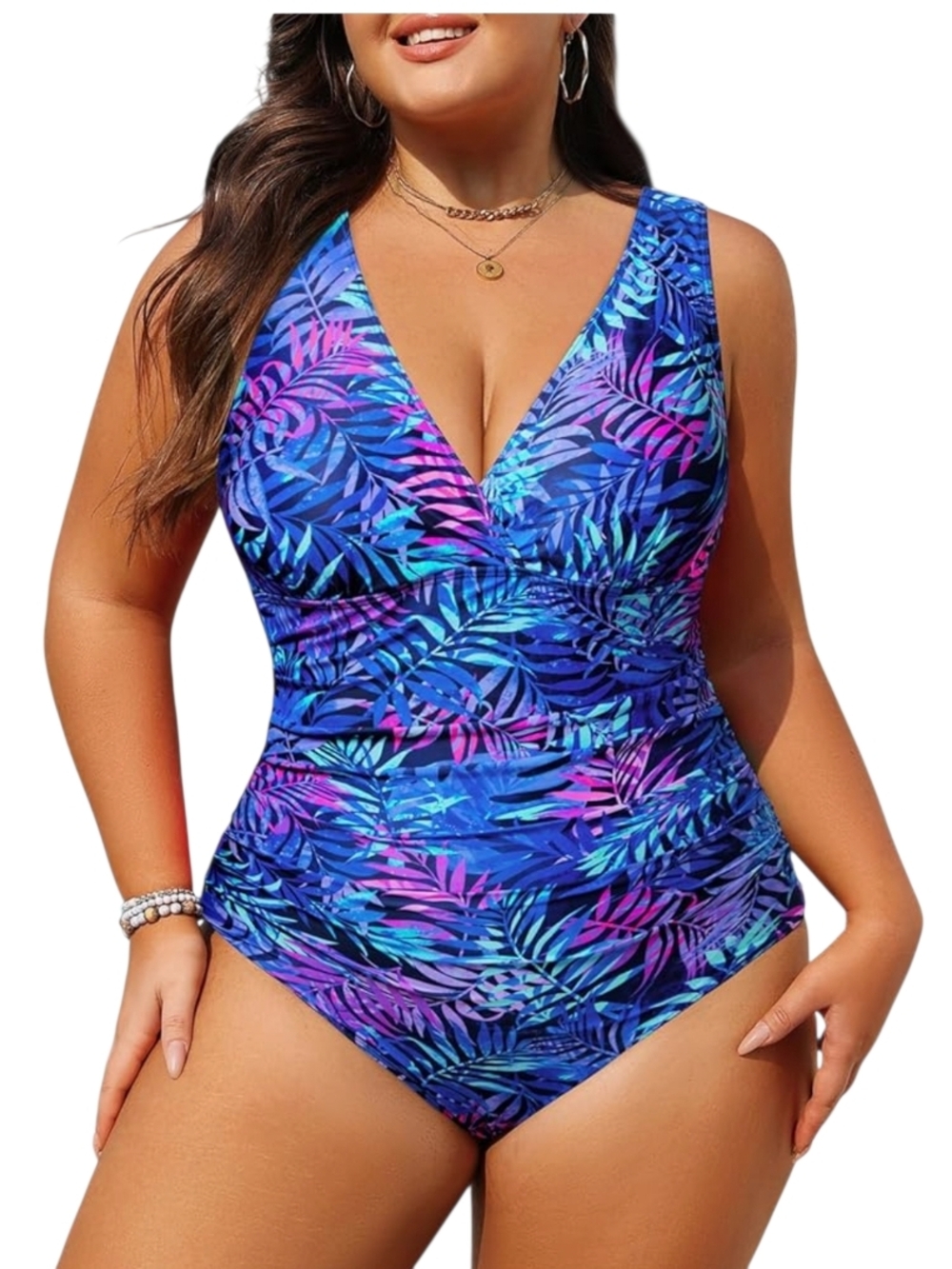 AQUA EVE - 20W Women's Plus Tropical Ruched One-Piece Swimsuit - Blue/Purple - Picture 6 of 8